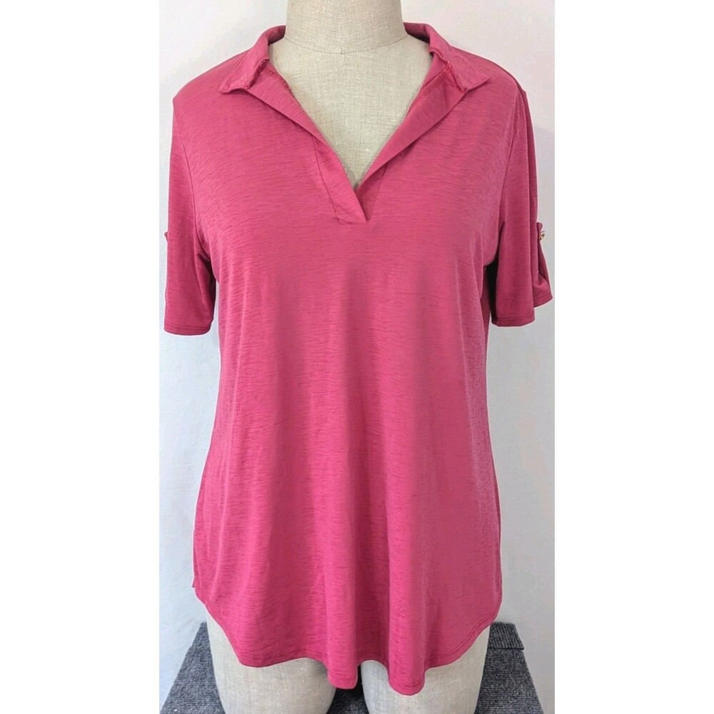 Heimish USA Pink High Low Blouse Roll Tab Sleeve Slub Top L XL